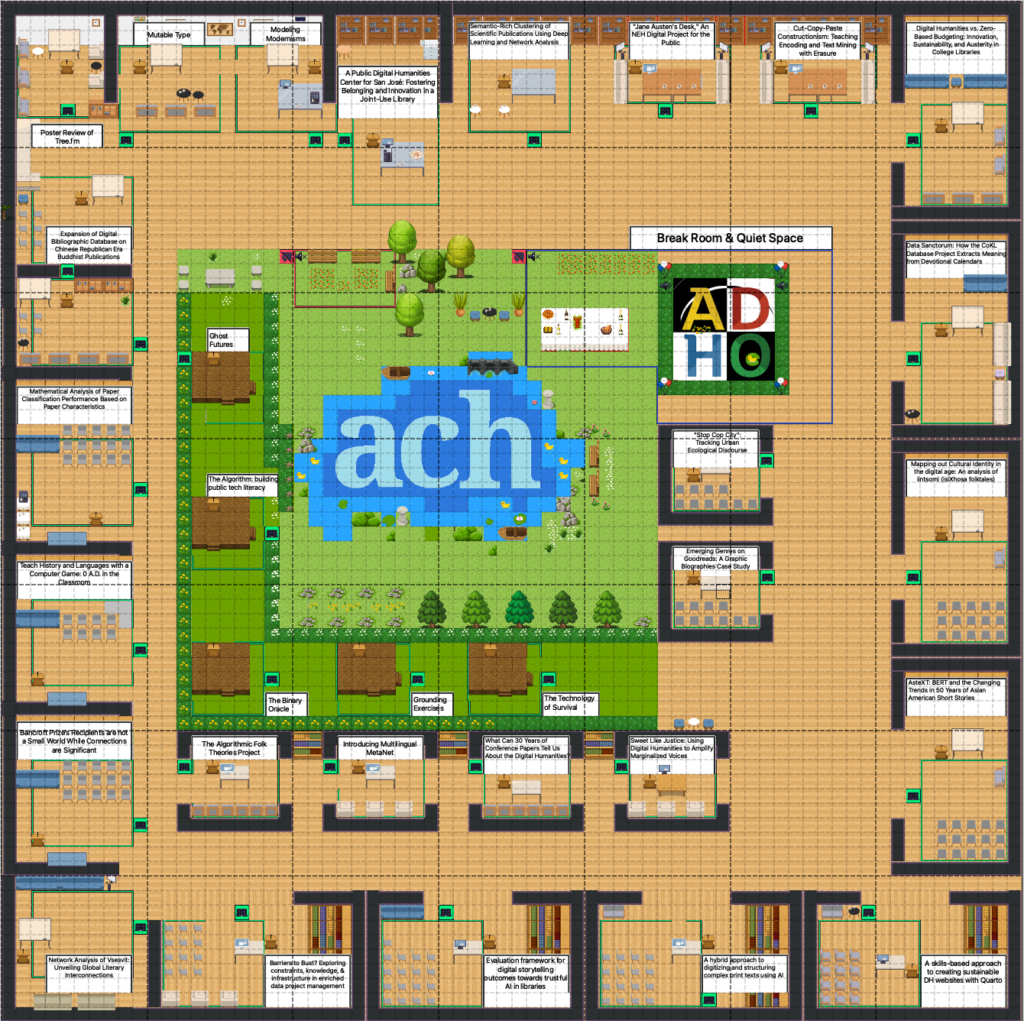 Map of the ACH2024 virtual world. At the center is a large green square with a blue pond reading "ach". Surrounding the green center are presentations stages and the ADHO logo. There are presentation rooms all along the perimeter. Each room is labeled with the title of the assigned presentation
